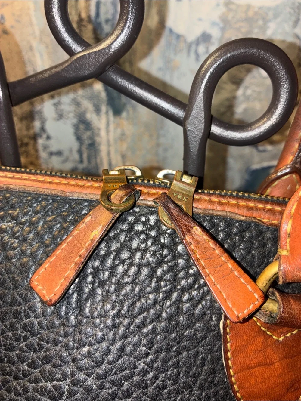 Vintage 1990s Dooney & Bourke Black with Brown Trim Pebbled Leather Satchel